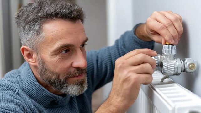 Man Adjusting Radiator Valve: A focused man fine-tunes a radiator valve, embodying warmth, home comfort, and the essential functionality of heating systems. 