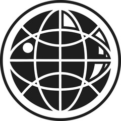 Global network globe, vector line art icon, black and white, white background