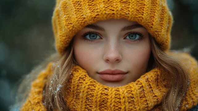 A woman wearing a bright yellow hat and matching scarf, smiling and looking ahead