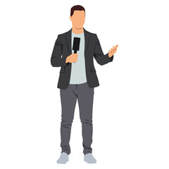 Young male News Reporter Talking With A Handheld Microphone In Live Broadcast.