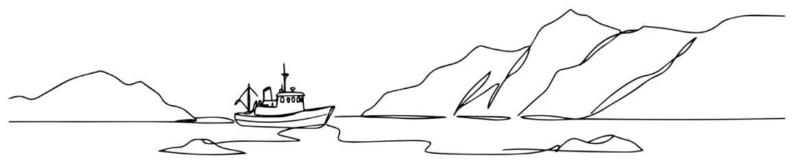One Line Drawing of a Fishing Boat in a Fjord Landscape