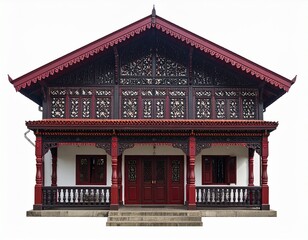Traditional Minangkabau Rumah Gadang with red and black wooden carvings and ethnic facade