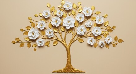 White blossom tree mural on warm beige with gold accents — sophisticated 3D embossed floral wallpaper for modern interiors