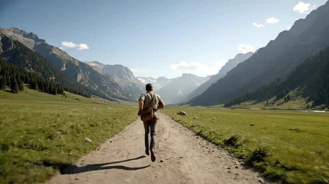 Man Walking on Dirt Path Toward Majestic Mountain Range During a Sunny Afternoon in the Italian Alps