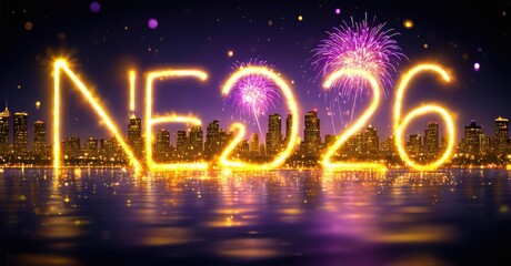 Bright cityscape reflects light. Neon text NE226 dominates foreground. Fireworks illuminate purple night sky. Water ripples gently.