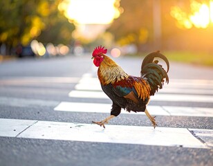 Rooster Crossing Street in Sunlight.