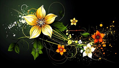 Whimsical floral arrangement with stylized swirls and vibrant colors against a dark background
