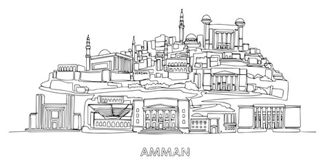 Amman Jordan Landmark Panorama One Line Drawing Illustration