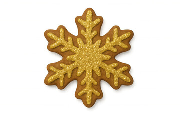 Gingerbread snowflake cookie with golden glitter sprinkles for festive christmas holiday season decoration