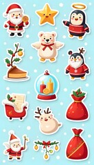 Obraz premium Festive holiday cheer with adorable Christmas character stickers, perfect for creating joyful greeting cards and fun seasonal designs that spread happiness