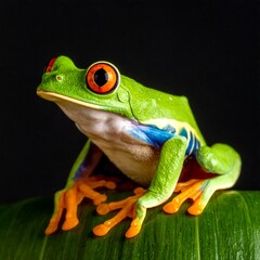 Fototapeta premium Vibrant green frog with orange feet and red eyes perched on a leaf against a black background