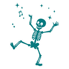 Dancing skeleton halloween vector art illustration with music and stars for spooky season design ideas