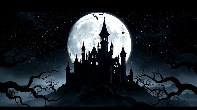 Haunted gothic castle silhouette under full moon night sky for spooky Halloween background