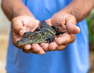 Small Crocodile in Hands, Wildlife Conservation, Close Up.