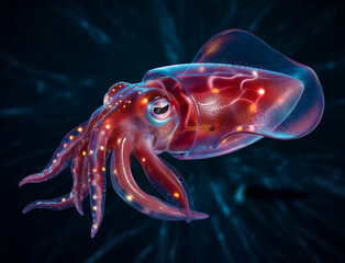 Squid with Glowing Internal Structures in Deep Sea