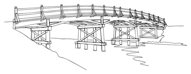 Obraz premium Old Wooden Bridge Over a River in One Continuous Line