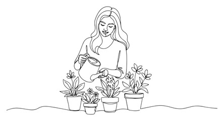 Woman Watering Potted Flowers Drawn in a Single Continuous Line