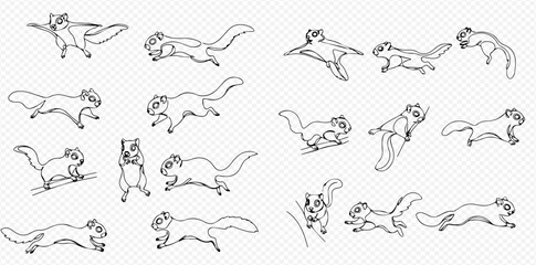 A collection of black and white line art illustrations of a cartoon flying squirrel in various dynamic poses, including running, jumping, and gliding. © Lunara Arts