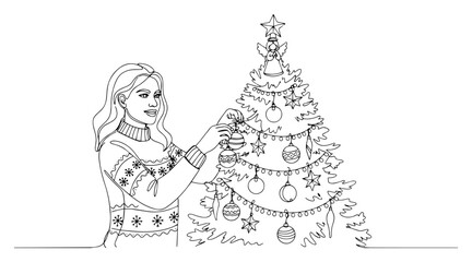 One Line Art of a Woman Decorating a Christmas Tree