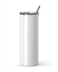 Sleek Tall White Tumbler with Metal Straw on Light Background