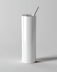 Minimalist White Beverage Container with Metal Straw on Gray Background