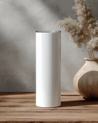 Minimalist White Cylinder on Wooden Surface with Dried Plants