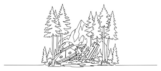 Crashed UFO in a Forest Continuous One Line Drawing