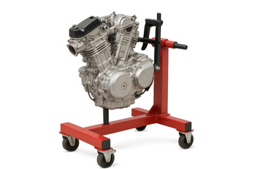 V-twin motorcycle engine on red engine stand