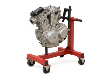 V-twin motorcycle engine on red engine stand