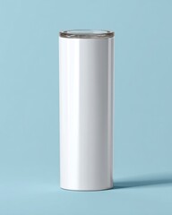 White cylindrical container on a light blue background with shadow