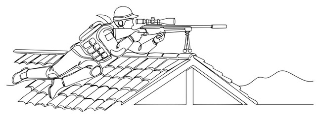 Soldier Sniper Aiming a Rifle from a Rooftop Continuous Line Art