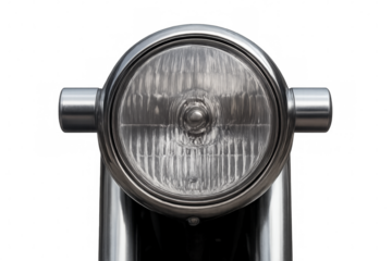 Classic motorcycle headlight with chrome finish on a transparent background