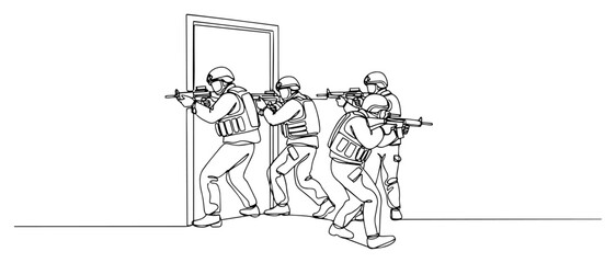 Special Forces SWAT Team Breaching a Door Continuous Line Drawing