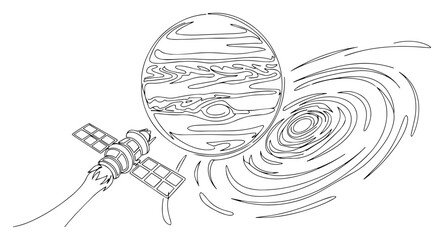 Satellite Flying Towards Jupiter and a Black Hole One Line Art © Katarzyna