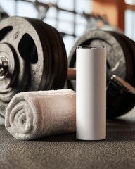 White Sports Bottle and Towel on Gym Floor with Dumbbells Nearby