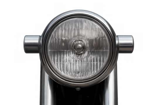 Classic motorcycle headlight with chrome finish on a transparent background