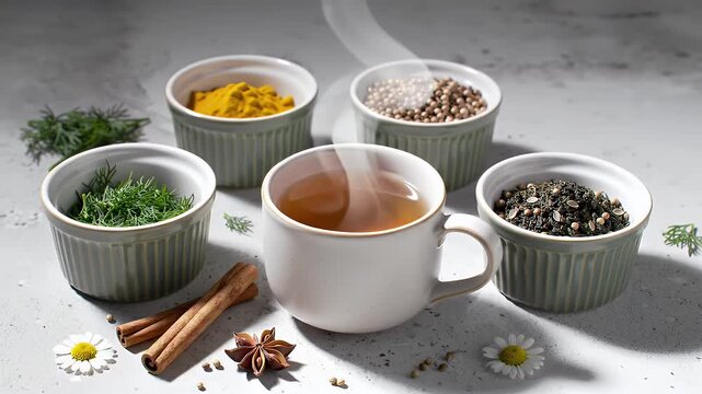 High Angle Photorealistic Still Life of Steaming Cup of Herbal Tea with Turmeric Powder Coriander Seeds Dried Tea Leaves Dill Cinnamon Sticks Star Anise and Chamomile Flowers on Concrete Surface