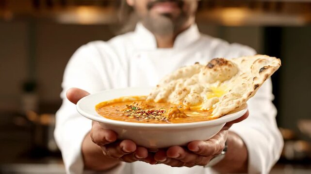 Chef in Kitchen Presents Delicious Dal Makhani With Naan Bread on Plate