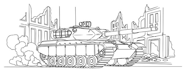 Continuous Line Drawing of a Tank in a Ruined City