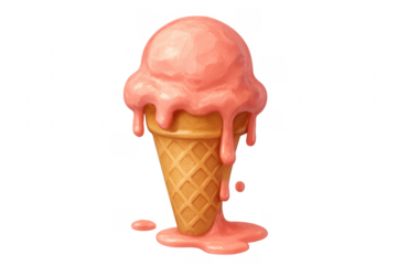 Strawberry ice cream melting in cone on transparent background