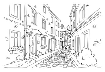 One Line Drawing of a Charming Old Cobblestone Street in a European Town
