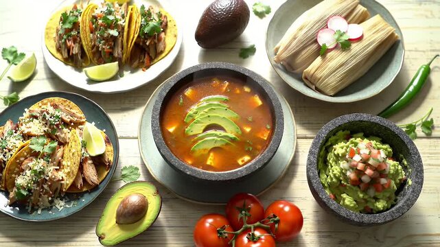 High Angle Static Shot of Mexican Fiesta Featuring Tacos Tamales Avocado Soup and Guacamole on Rustic White Wood Table with Limes Cilantro Tomatoes and Green Chili for Culinary Promotion and - Powered by Adobe