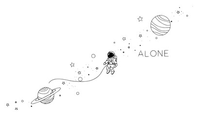 Astronaut Floating Alone in Outer Space Among Planets and Stars © Katarzyna