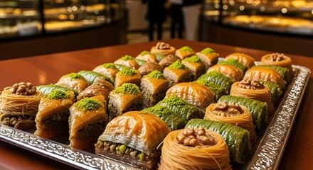 baklava baghlava turkish sweets, iranian dessert, Middle Eastern sweet pastry in a tray