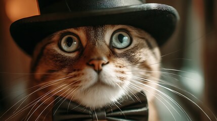 A sophisticated cat wearing a top hat and bow tie, embodying charm and elegance in a playful, high-fashion look.