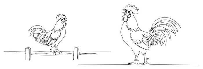 Two Roosters on a Farm in a Continuous One Line Drawing