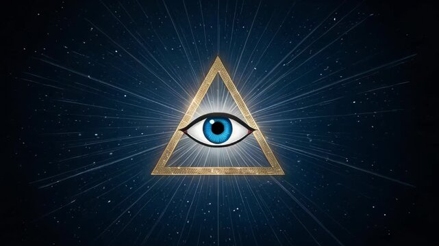Mystical golden eye inside a glowing triangle radiates powerful energy, symbolizing enlightenment, divine vision, cosmic awareness, secret knowledge, higher consciousness, and spiritual awakening	