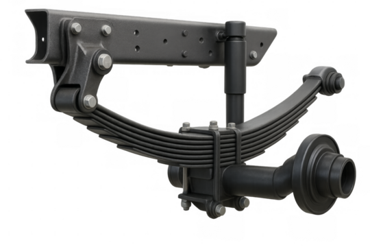 Heavy vehicle leaf spring suspension system on transparent background
