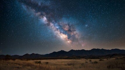 A star-filled desert night sky, with a clear view of the Milky Way, evoking a sense of awe and tranquility in the vast, open space.