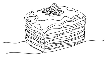 Slice of Layered Cake with Almond Topping One Line Drawing